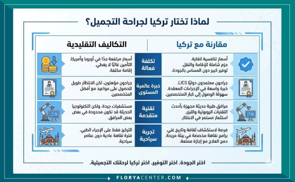 إنفوجرافيك يقارن مزايا إجراء جراحة التجميل في تركيا من حيث التكلفة، الخبرة الطبية، التقنيات الحديثة، وفرصة السياحة.