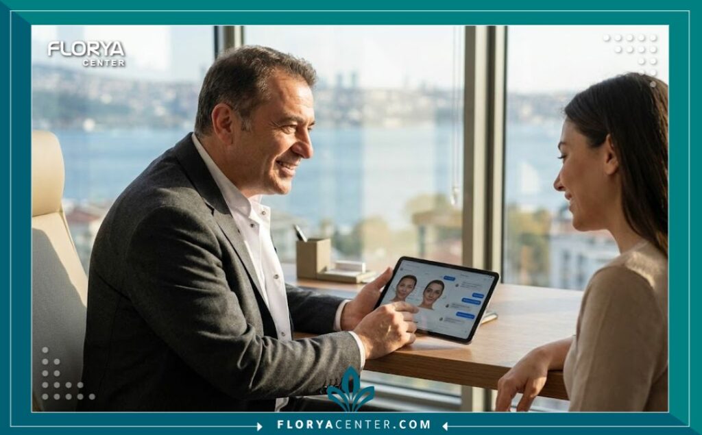 صورة احترافية لجلسة استشارة بين جراح تجميل تركي خبير ومريضة في عيادة حديثة، تظهر الثقة والتواصل الإيجابي قبل الإجراء.