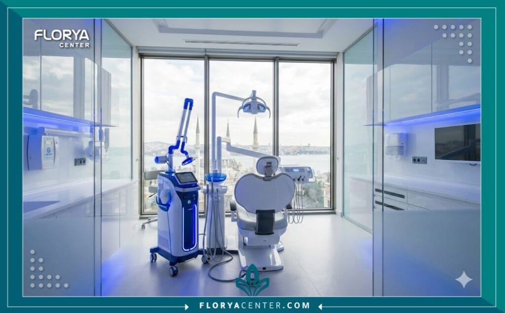 غرفة علاج مجهزة بأحدث تقنيات الليزر داخل عيادة أسنان فاخرة في إسطنبول.