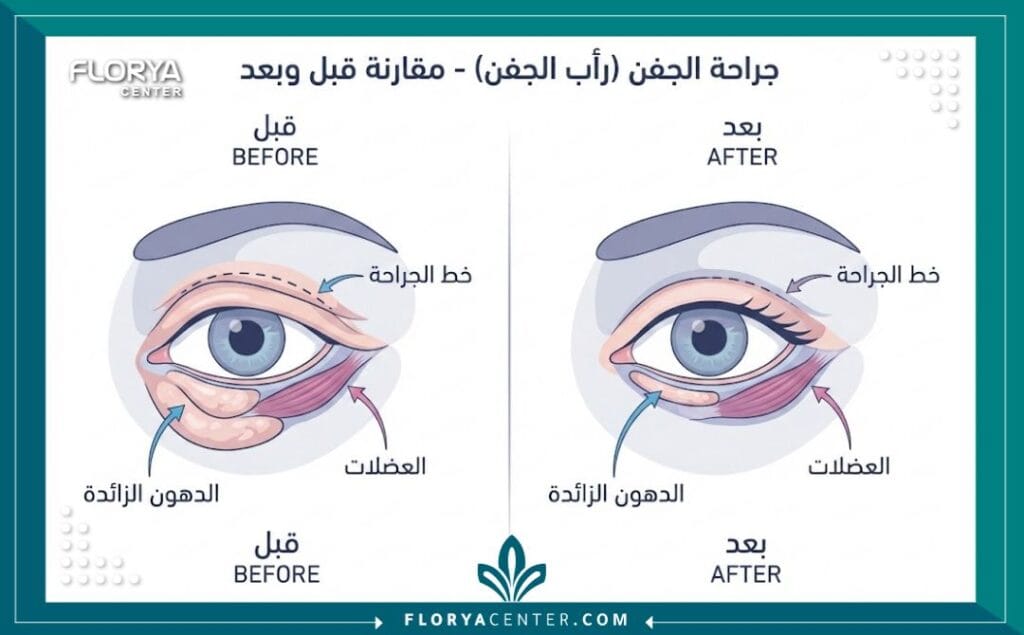 تكلفة تجميل العيون في تركيا 3 رسم توضيحي لعملية شد الجفون العلوية والسفلية، شرح إزالة الأكياس الدهنية تحت العين، خطوات جراحة تجميل العيون.