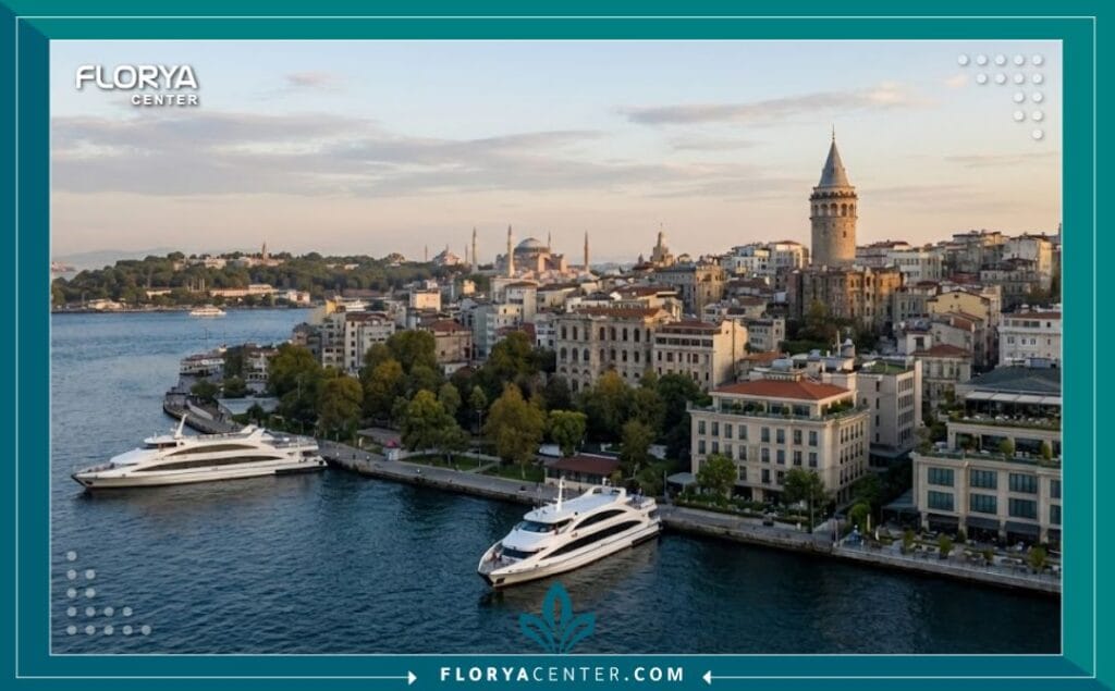 علاج التثدي عند الرجال في تركيا 9 منظر بانورامي ساحر لمدينة إسطنبول يظهر برج غلطة ومضيق البوسفور، يعكس بيئة السياحة العلاجية المريحة في تركيا للمقبلين على عمليات التجميل.