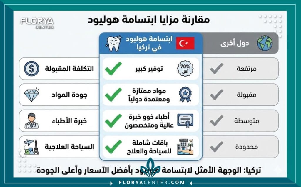 انفوجرافيك مقارنة يوضح مزايا إجراء ابتسامة هوليود في تركيا من حيث التكلفة والجودة والخبرة مقارنة بدول أخرى. بيانات مرئية عن السياحة العلاجية السنية.