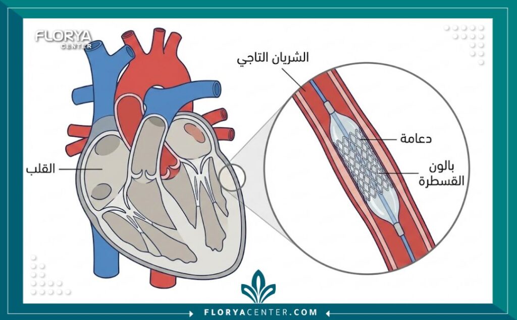 رسم توضيحي طبي يظهر عملية قسطرة القلب وتركيب دعامة، يشرح إجراءات علاج القلب الشائعة والمتاحة بتكلفة منخفضة.