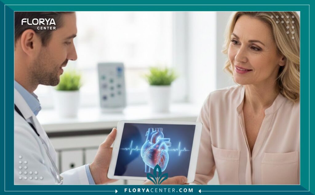 أسعار فحوصات القلب الشاملة 5 طبيب يشرح نتائج فحص القلب للمريض باستخدام تقنيات العرض الرقمية.