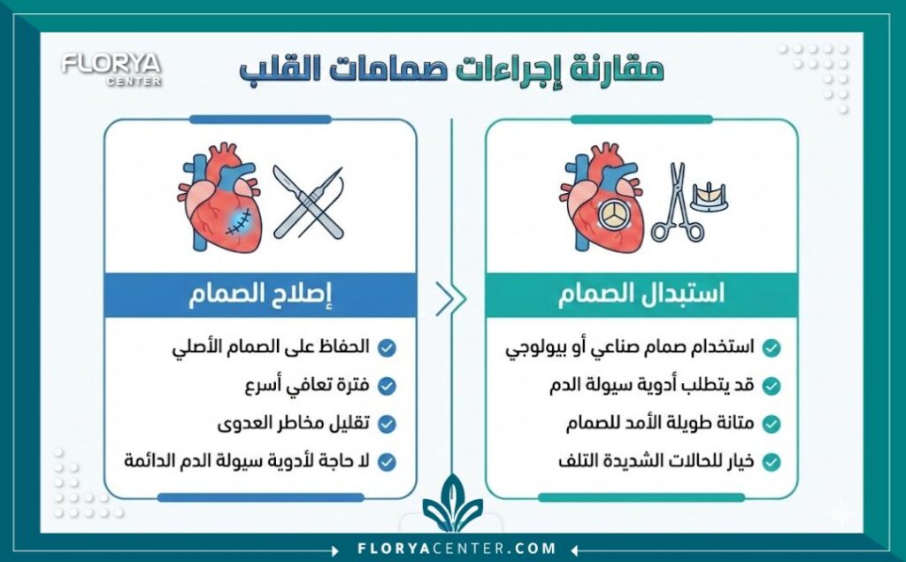 انفوجرافيك طبي يوضح الفرق بين عملية إصلاح صمام القلب واستبداله وأفضل جراح لعمليات الصمامات.