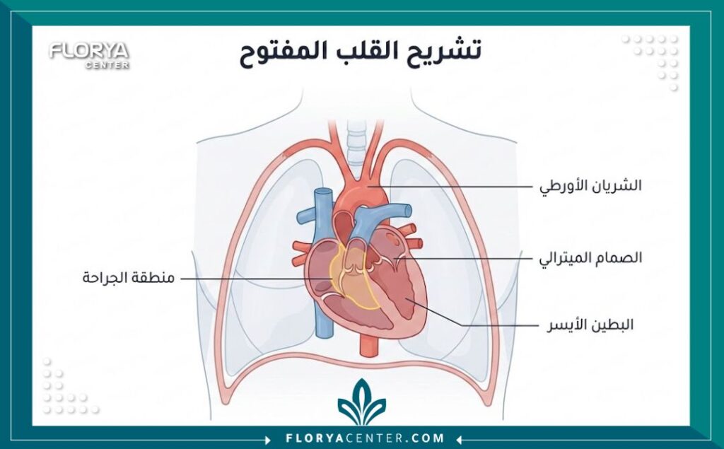 أفضل مستشفى لعمليات القلب المفتوح 2 رسم توضيحي طبي يظهر تشريح القلب والصدر، موضحاً المناطق المعنية في عمليات القلب المفتوح مع تسميات باللغة العربية.