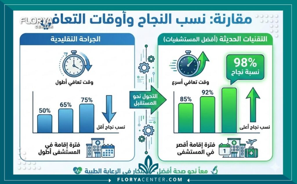 أفضل مستشفى لعمليات القلب المفتوح 3 انفوجرافيك مقارنة يوضح نسب النجاح العالية وسرعة التعافي في أفضل مستشفى لعمليات القلب المفتوح باستخدام التقنيات الحديثة مقارنة بالجراحة التقليدية.