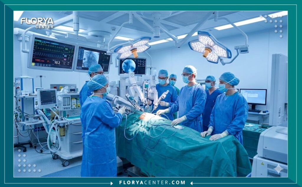 أفضل مستشفى لعمليات القلب المفتوح 4 لقطة واقعية من داخل غرفة عمليات قلب مفتوح متطورة، تظهر فريقاً طبياً متخصصاً وأحدث التجهيزات التقنية أثناء جراحة دقيقة.