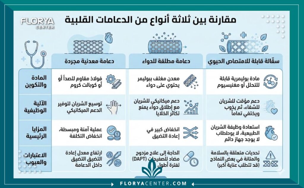 أفضل نوع دعامة للقلب 3 إنفوجرافيك مقارنة بين أنواع دعامات القلب المختلفة: الدعامة العادية، والدوائية، والدعامة الحيوية.