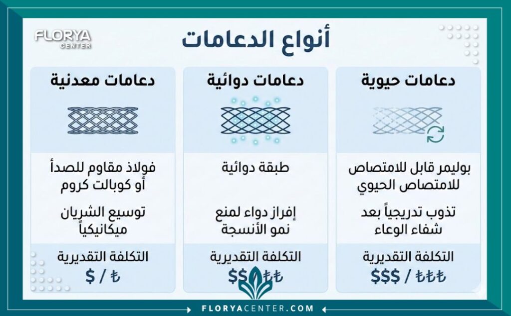 مقارنة بين أنواع دعامات القلب وأسعارها الدوائية والمعدنية وأسعارها التقديرية.