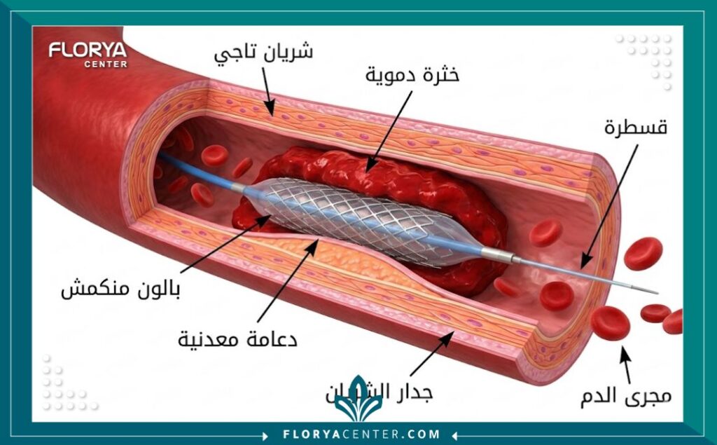 رسم توضيحي طبي يظهر جلطة دموية تسد الشريان التاجي وقسطرة البالون والدعامة تستعد لفتح الانسداد