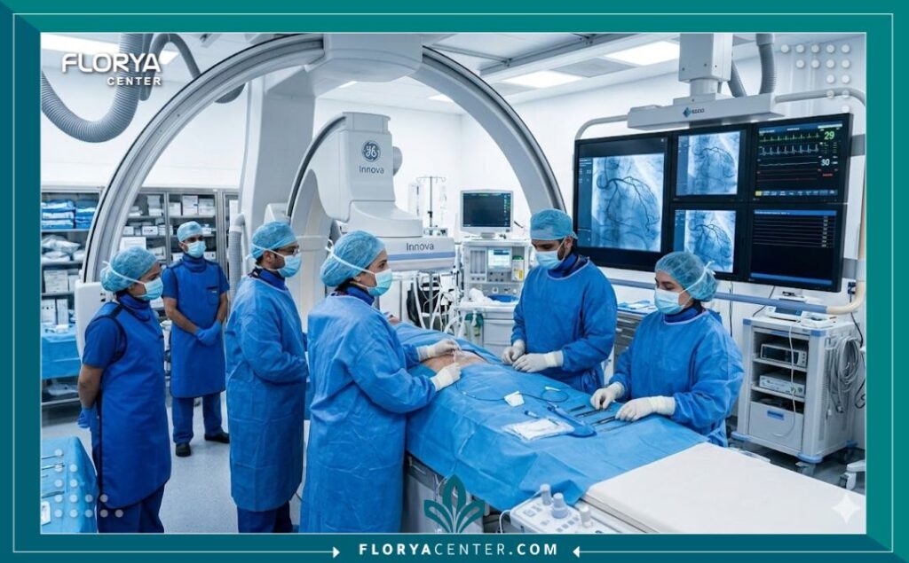 نظرة داخل غرفة عمليات قسطرة القلب الحديثة (القسطرة) مجهزة بأحدث أجهزة التصعة والأطباء يعملون
