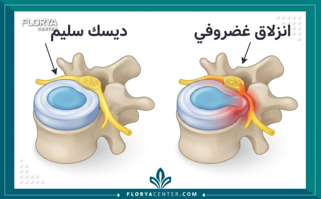 رسم توضيحي طبي يوضح الفرق بين الغضروف السليم والانزلاق الغضروفي في الظهر.