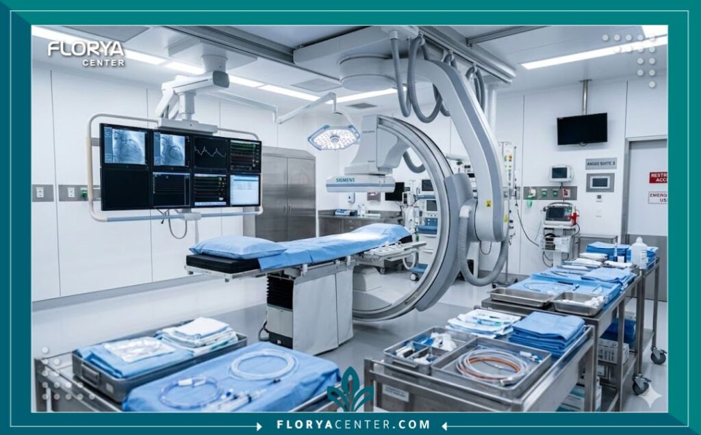 غرفة عمليات قسطرة القلب والتدخل الشرياني الحديثة والمعقمة جاهزة لاستقبال مريض لإجراء عملية تسليك الشرايين.
