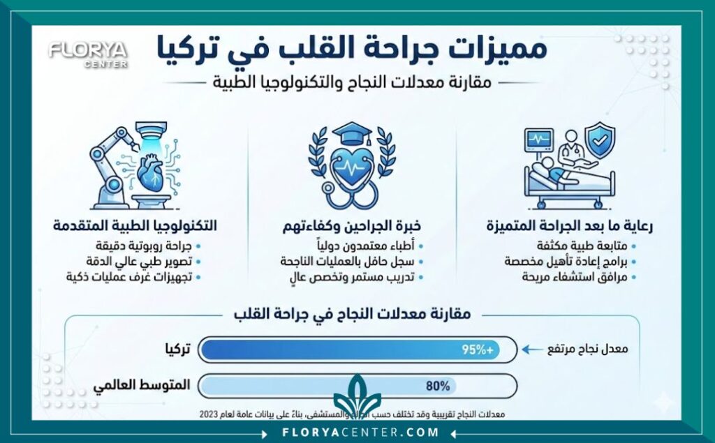 إنفوجرافيك يوضح مميزات ونسب نجاح بروفيسور جراحة قلب في تركيا والتقنيات الطبية المستخدمة.