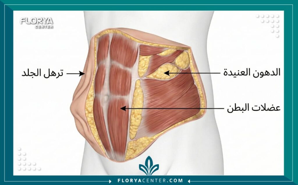رسم توضيحي طبي يشرح مستويات ترهل الجلد بعد عمليات السمنة المفرطة