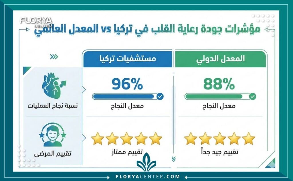 تقييمات مستشفيات القلب في تركيا 3 إنفوجرافيك يقارن مؤشرات جودة ونسب نجاح عمليات القلب في تركيا بالمعدلات العالمية، مع إظهار تقييمات مستشفيات القلب في تركيا مرتفعة.