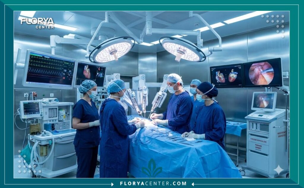 تقييمات مستشفيات القلب في تركيا 4 فريق جراحي متخصص داخل غرفة عمليات قلب مفتوح متطورة في مستشفى تركي، مجهزة بأحدث التقنيات والمعدات الطبية.