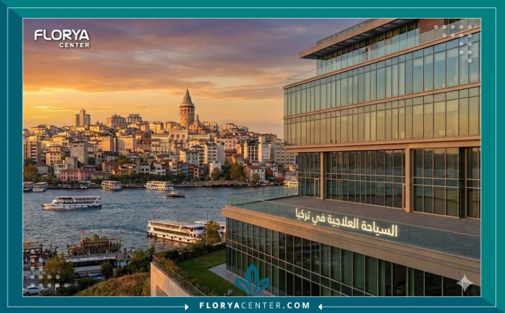 صورة بانورامية خلابة لمدينة إسطنبول عند الغروب، تدمج بين المعالم السياحية مثل برج غلطة ومضيق البوسفور مع مبنى مستشفى حديث، لترويج السياحة العلاجية وتجربة العلاج المريحة في تركيا.