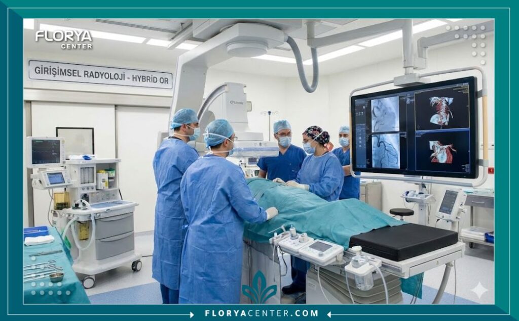 تكلفة علاج تمدد الشريان الأورطي 4 صورة واقعية من داخل غرفة عمليات هجينة متطورة في مستشفى تركي، تظهر فريقاً طبياً يجري عملية دقيقة لعلاج تمدد الشريان الأورطي بأحدث التقنيات.