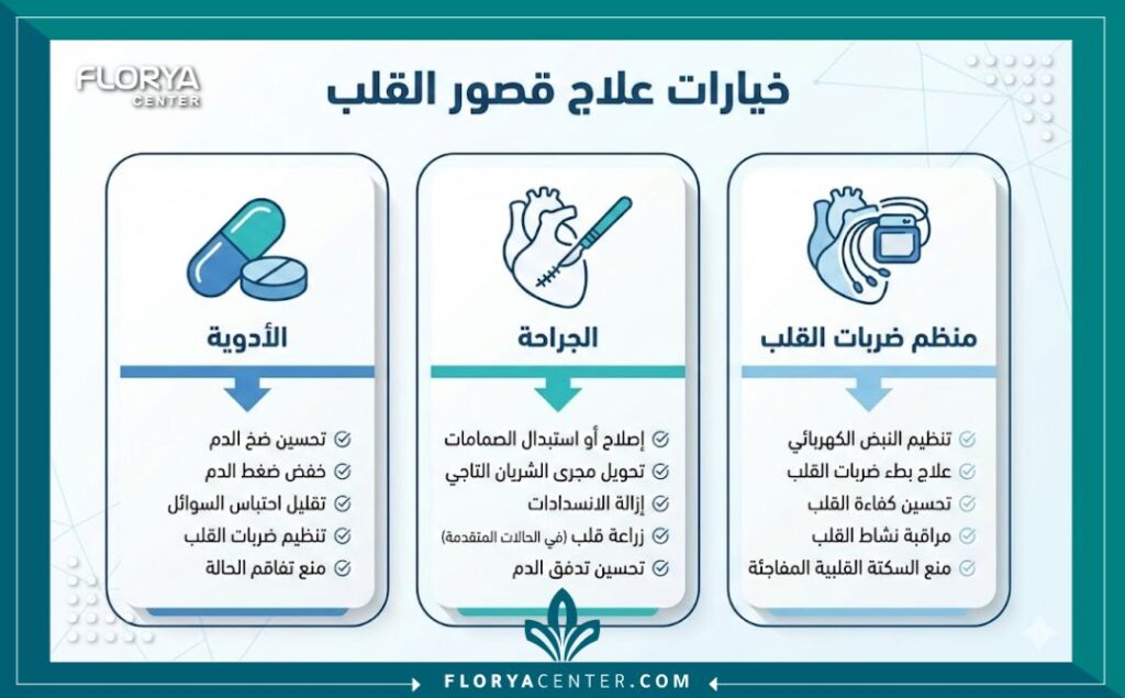 إنفوجرافيك يوضح خيارات علاج قصور القلب المتنوعة من الأدوية إلى التدخل الجراحي وتكلفة علاج قصور القلب.