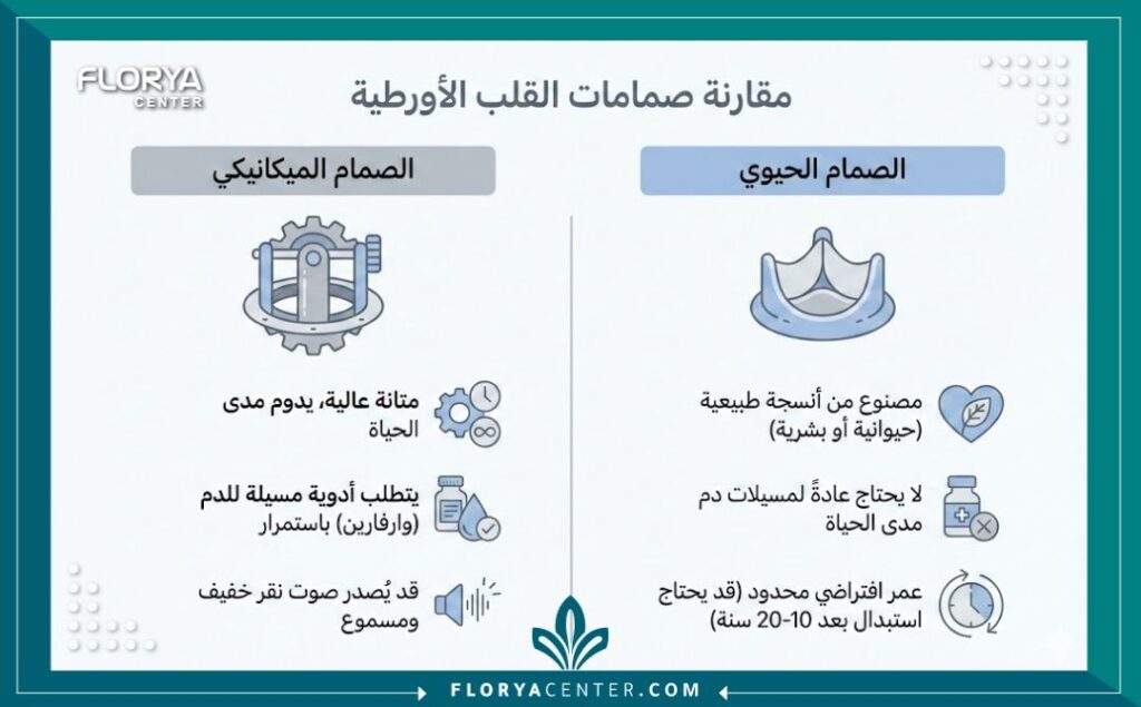 إنفوجرافيك يوضح الفرق بين أنواع الصمامات المستخدمة في عملية تغيير الصمام الأبهري وتكلفة عملية استبدال الصمام الأبهري.