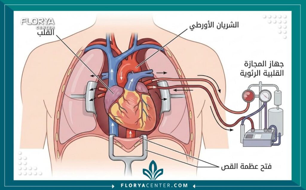 رسم توضيحي طبي يظهر تشريح عملية القلب المفتوح مع فتح القفص الصدري وتوصيل جهاز المجازة القلبية الرئوية، مع تسميات باللغة العربية.