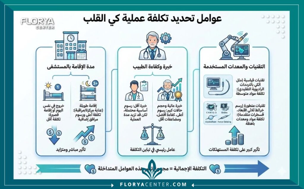 إنفوجرافيك يوضح العوامل المؤثرة في تكلفة عملية الكي للقلب في أفضل المستشفيات.
