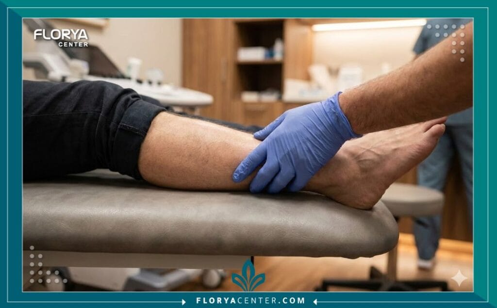 فحص طبي دقيق للساق لتحديد مدى الحاجة لعملية جراحية لعلاج الانسداد الشرياني.