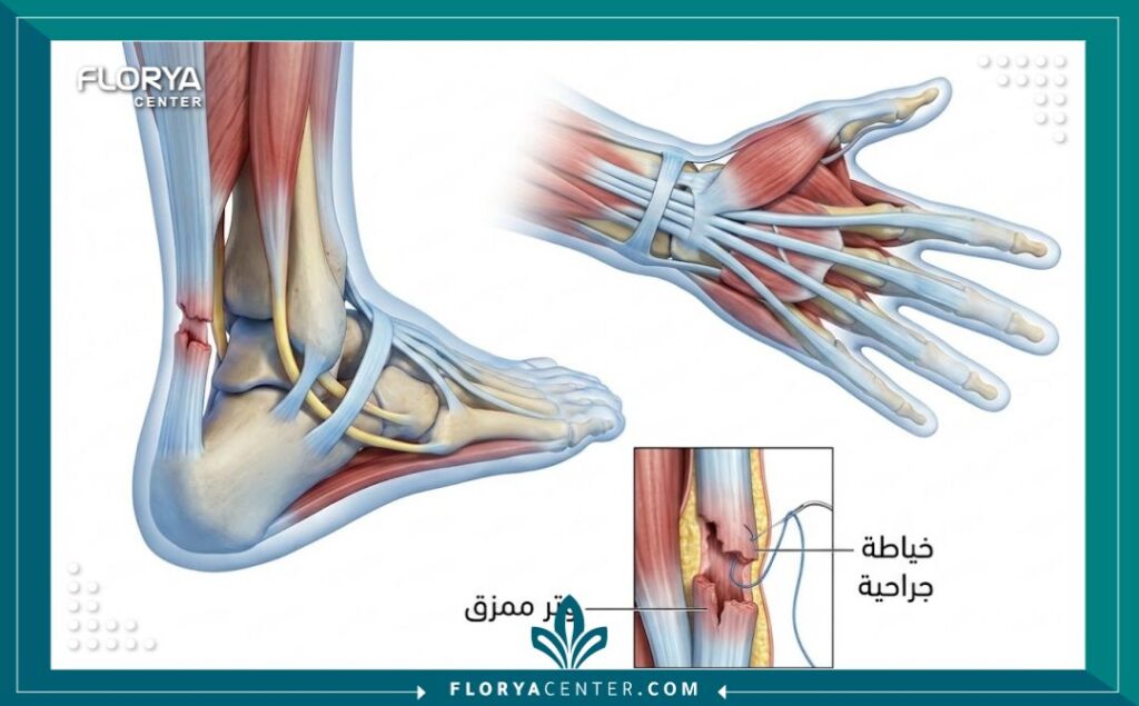 رسم تخطيطي يوضح تشريح الوتر المقطوع وطريقة علاجه جراحياً.