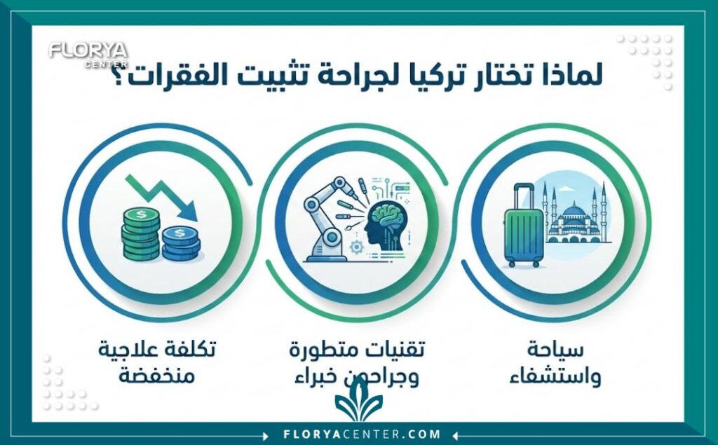 انفوجرافيك يوضح مميزات إجراء جراحة تثبيت الفقرات في تركيا من حيث التكلفة والتقنيات الطبية والسياحة العلاجية.