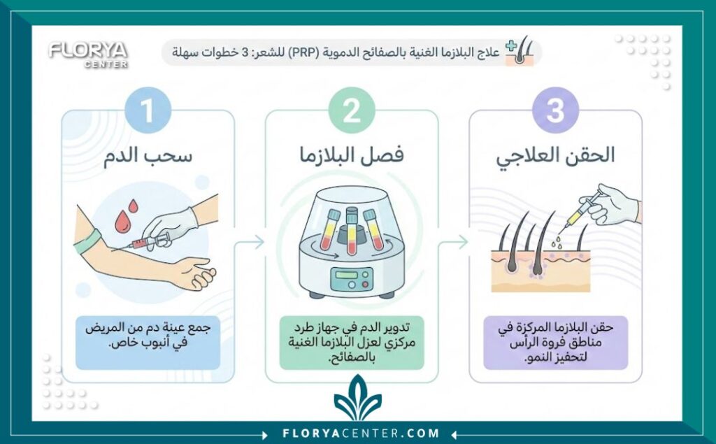  إنفوجرافيك يوضح مراحل حقن البلازما الغنية بالصفائح (PRP) من سحب الدم إلى الحقن في فروة الرأس.