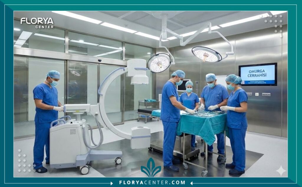 غرفة عمليات معقمة ومجهزة بأحدث تقنيات التصوير الطبي لإجراء حقن العمود الفقري في مستشفى متطور في تركيا.