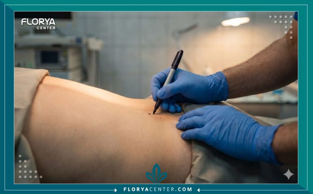 صورة مقربة تركز على منطقة أسفل الظهر، توضح تحديد الطبيب لموضع حقن العمود الفقري بدقة لعلاج الألم.