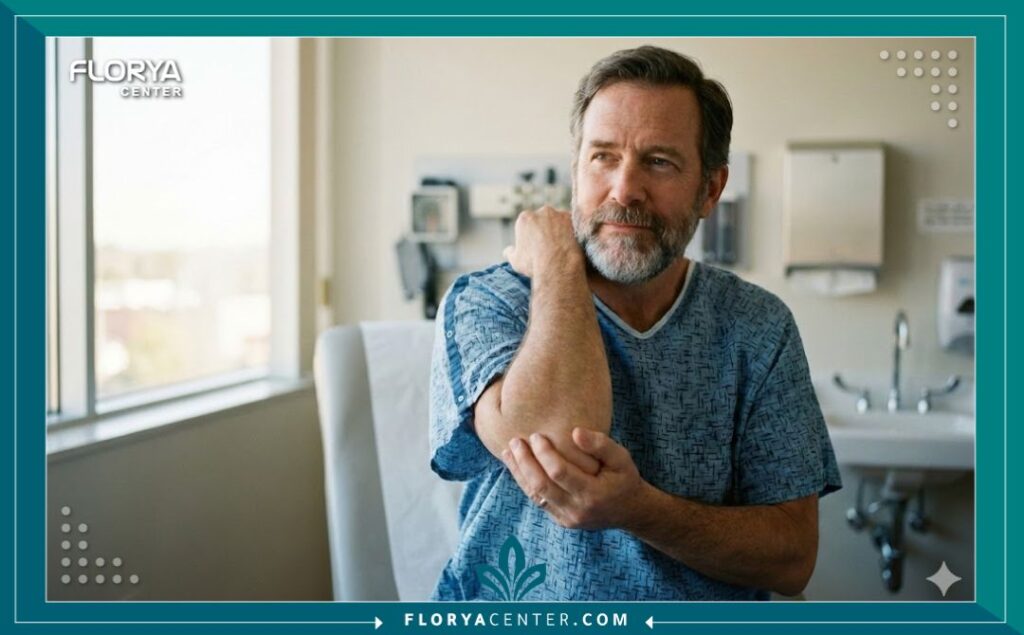 مريض يعاني من ألم في الكوع (مرفق التنس) ينتظر إجراء حقن الكورتيزون الموضعي في عيادة طبية.