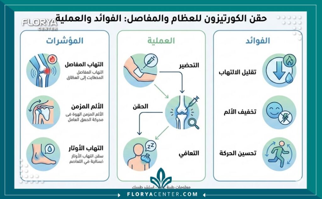 مخطط بياني يوضح فوائد وحقن الكورتيزون للعظام في تركيا، بتصميم نظيف ومعلومات باللغة العربية.