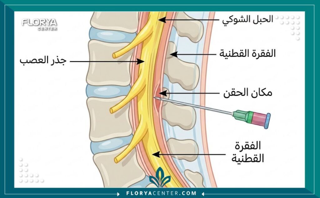 رسم تخطيطي طبي يوضح كيفية استهداف جذور الأعصاب أثناء عملية الحقن في الظهر.
