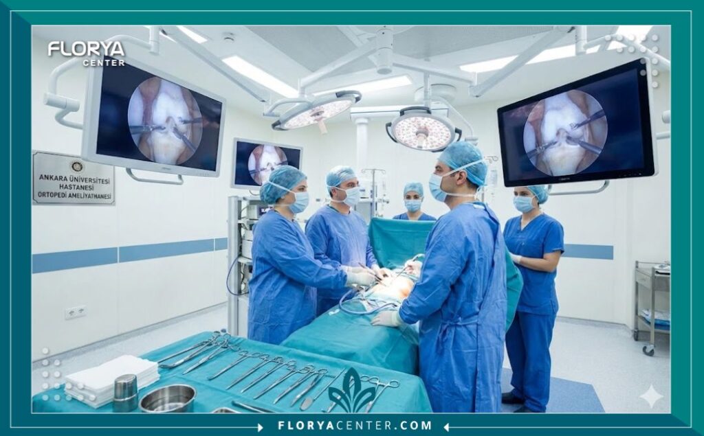 غرفة عمليات حديثة ومعقمة في مستشفى تركي، وفريق جراحي يجري عملية خياطة الغضروف الهلالي بالمنظار.