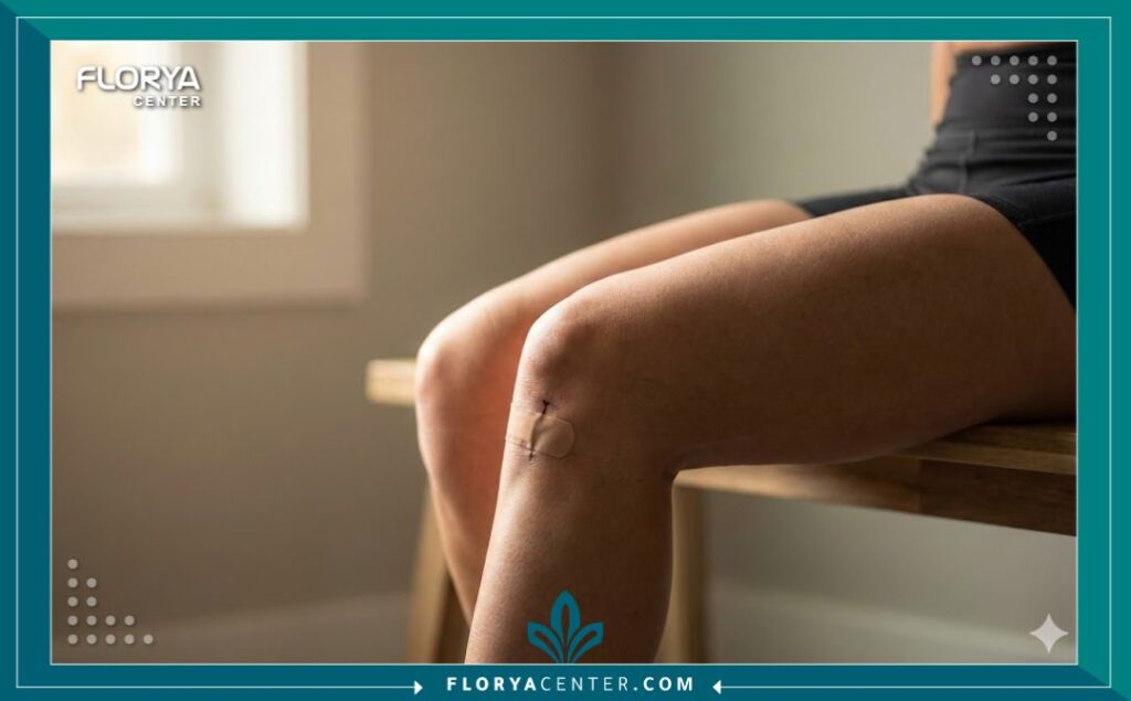 صورة مقربة جمالية لركبة شخص رياضي في مرحلة التعافي بعد عملية خياطة الغضروف الهلالي، مع ضمادة صغيرة وإضاءة جانبية ناعمة.