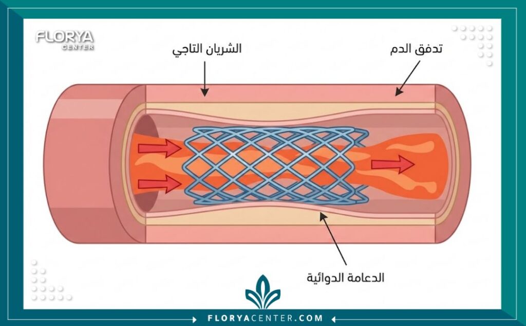 رسم توضيحي يوضح آلية عمل دعامة القلب الدوائية داخل الشريان التاجي المسدود.