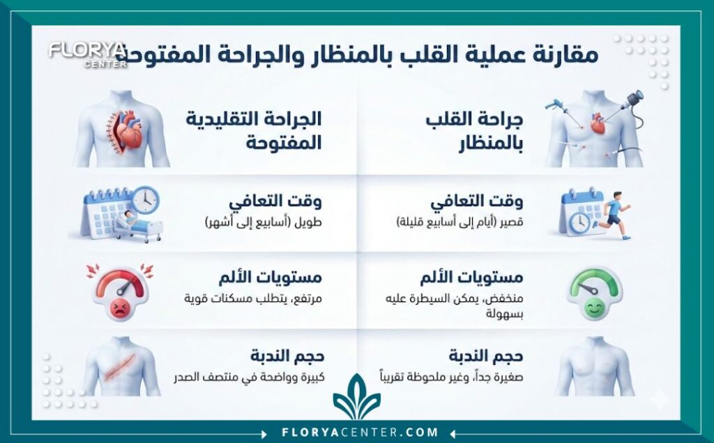 انفوجرافيك يقارن بين مميزات جراحة القلب بالمنظار والجراحة التقليدية من حيث سعر عملية القلب بالمنظار والتعافي.