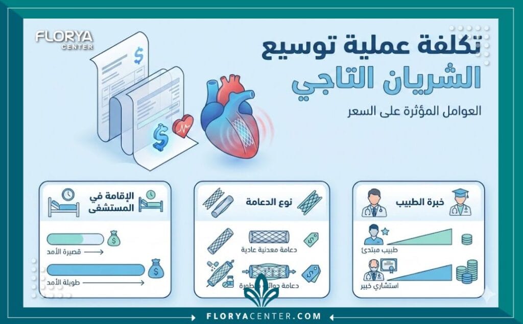 إنفوجرافيك يوضح العوامل المؤثرة في سعر عملية توسيع الشريان التاجي وتكلفة الدعامات.