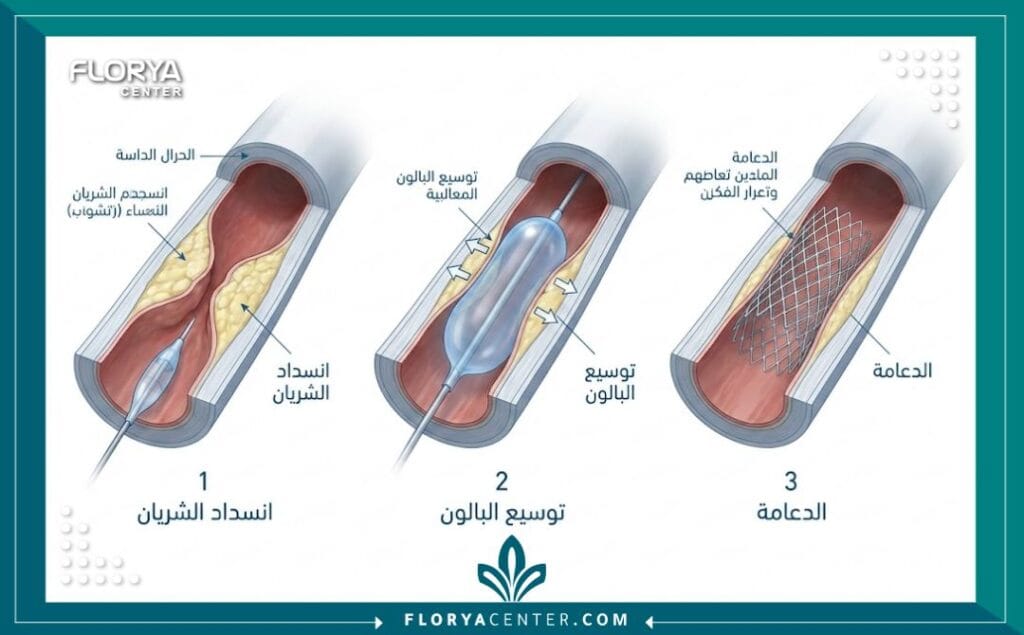 مخطط طبي يوضح مراحل عملية توسيع الشريان التاجي وتركيب الدعامة من الداخل.