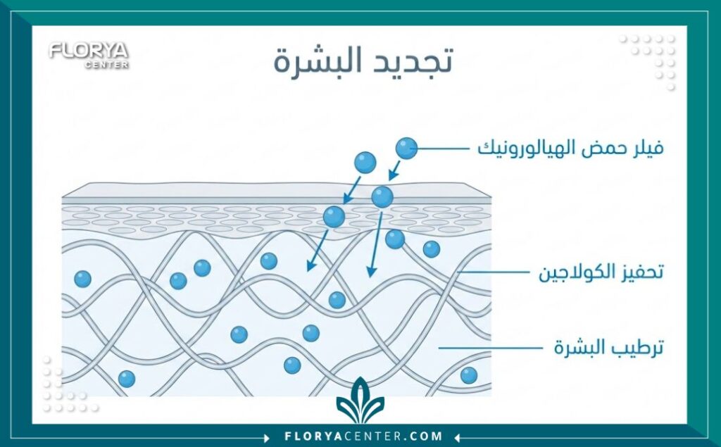 مخطط توضيحي لآلية عمل فيلر البكيني في ترطيب الجلد وتحفيز الكولاجين بالمنطقة الحساسة.