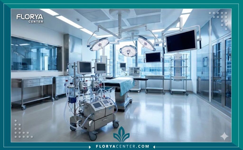 غرفة عمليات قلب مفتوح حديثة ومجهزة بأحدث التقنيات الطبية، بما في ذلك جهاز المجازة القلبية الرئوية، في بيئة معقمة.