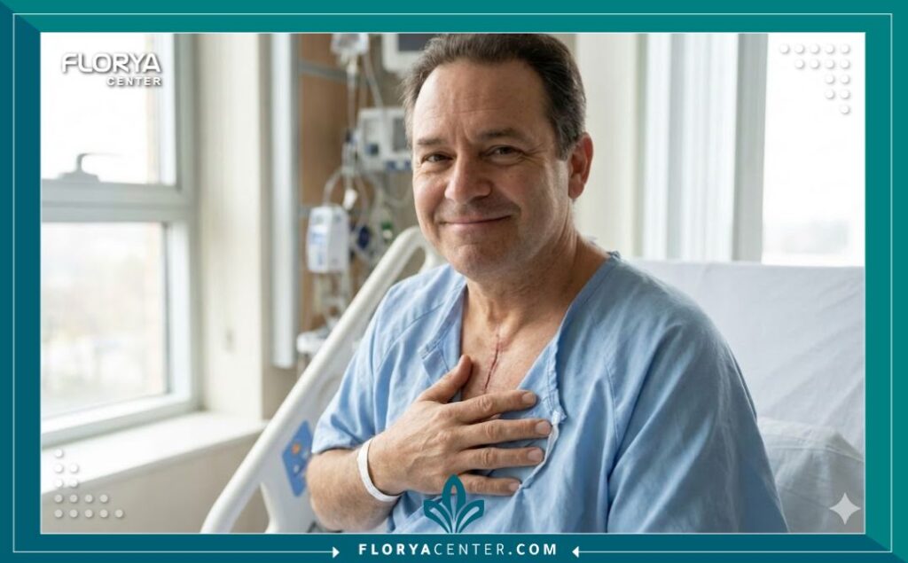 مريض في مرحلة التعافي بعد نجاح عملية القلب المفتوح، يظهر ندبة جراحية في الصدر وهو يبتسم باطمئنان في غرفة المستشفى.