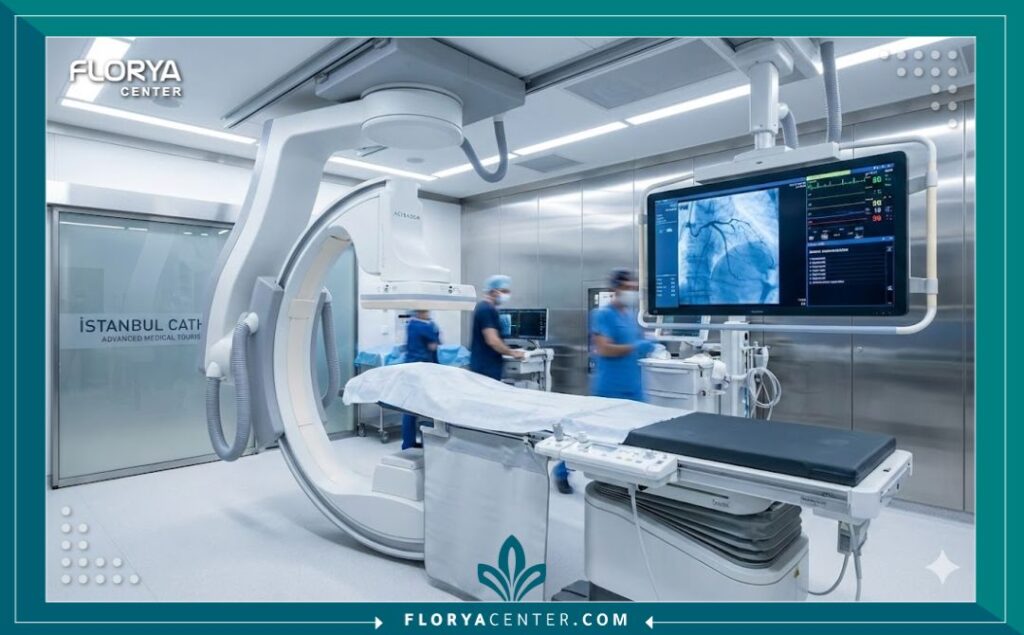 صورة واقعية من داخل مختبر قسطرة قلب متطور في مستشفى تركي حديث، يظهر التجهيزات الطبية المتقدمة والبيئة المعقمة لعلاج الشرايين.