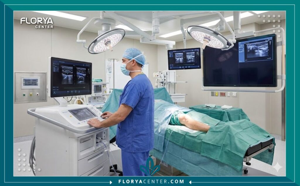 غرفة عمليات حديثة ومجهزة بأحدث أجهزة الليزر لعلاج دوالي الساقين، مع طبيب متخصص وفريق طبي.