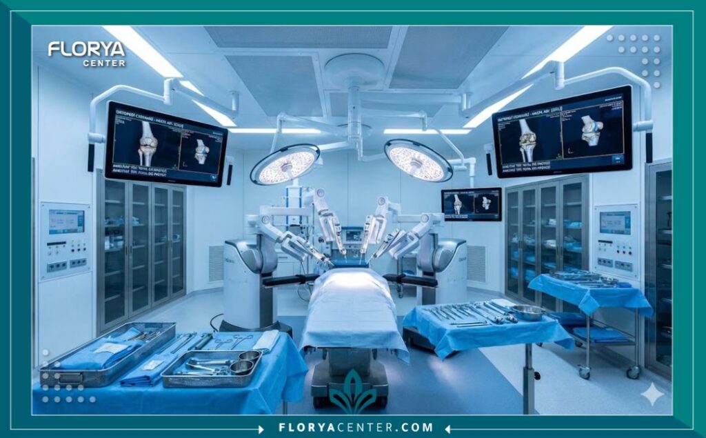 غرفة عمليات جراحية متطورة ومعقمة في مستشفى تركي، مجهزة بأذرع روبوتية وشاشات تصوير لعلاج حالات العظام المعقدة.