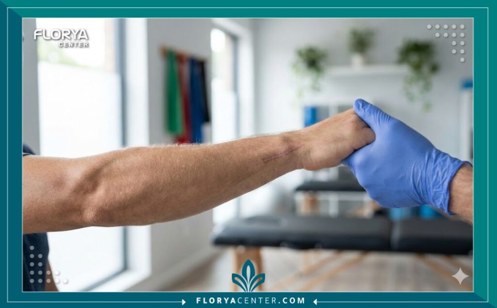 لقطة مقربة لذراع مريض يمارس تمارين إعادة التأهيل مع أخصائي علاج طبيعي بعد نجاح عملية التئام الكسر، تظهر ندبة ملتئمة بشكل جيد.